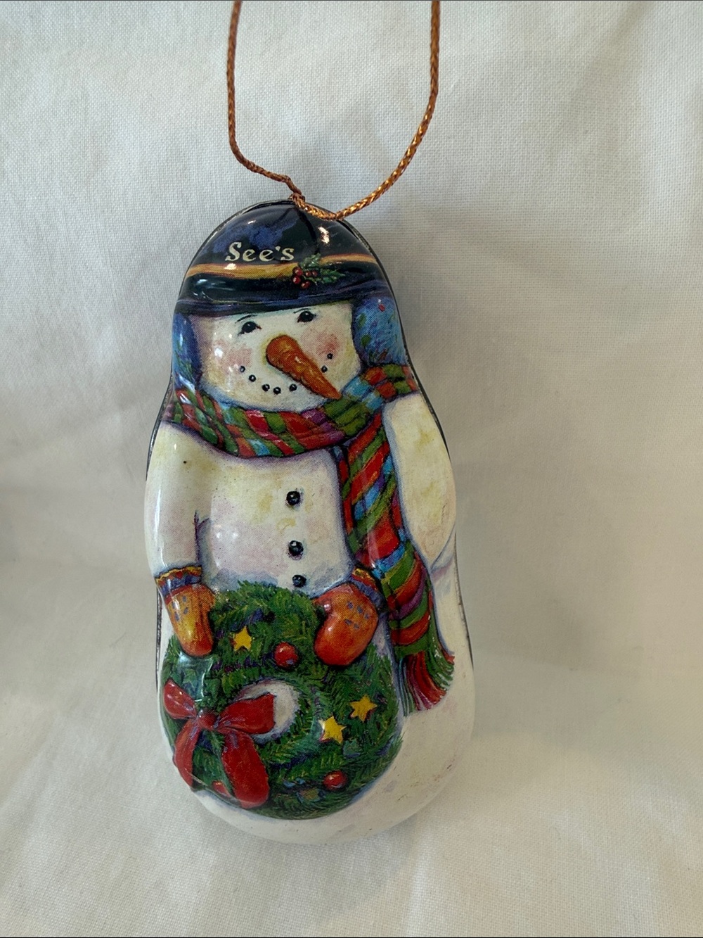 Vintage 1995 See's Candies Snowman Ornament Tin Collectible Candy Box